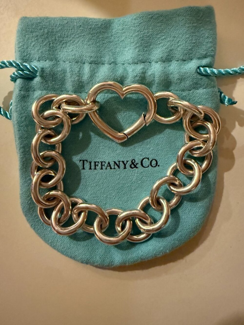 Rare Vintage Tiffany & Co. Sterling Silver Heart Clasp 8" Link Bracelet